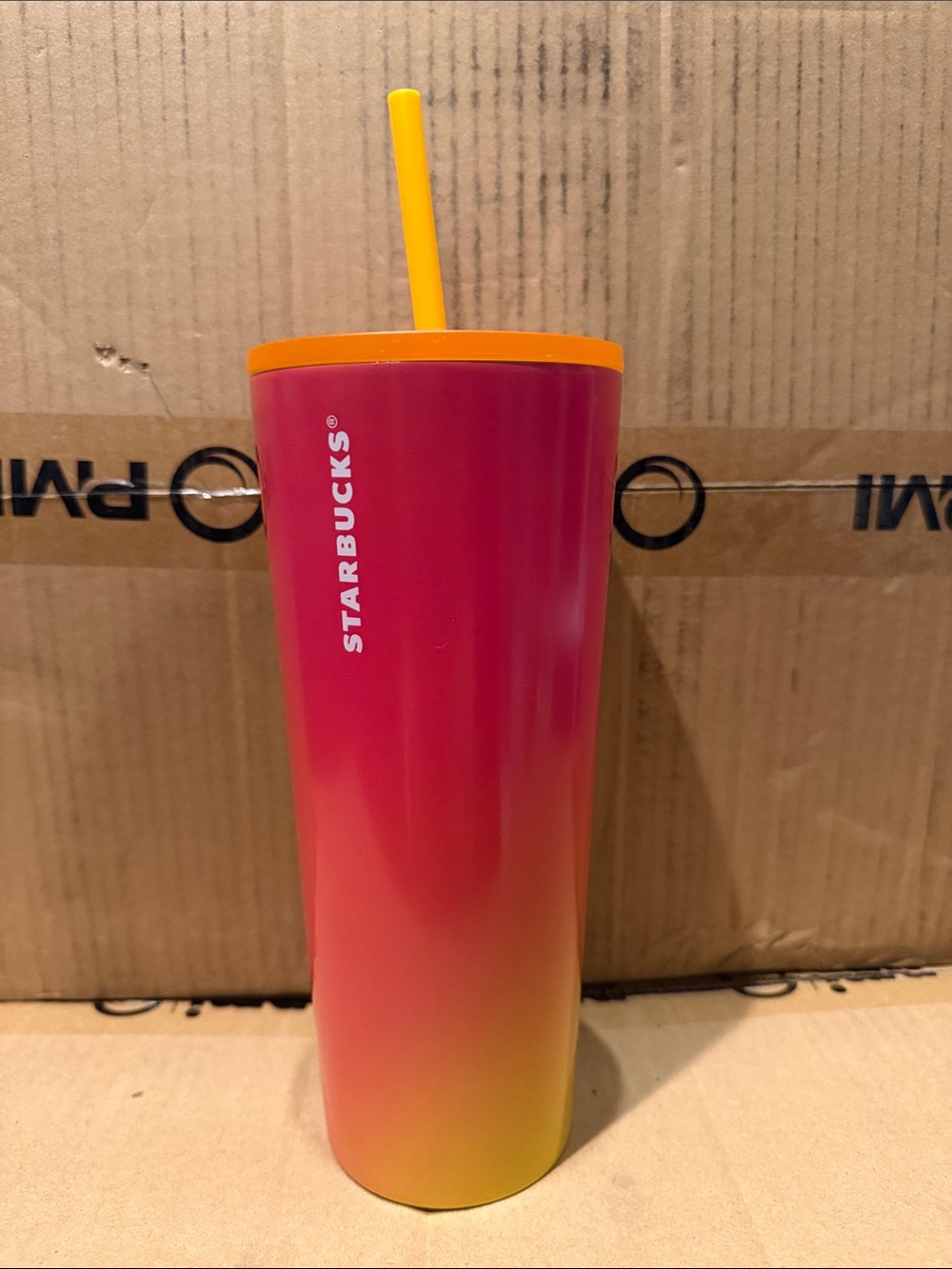 Starbucks Pink to Yellow Ombre Reusable Cup with Orange Lid and Yellow Straw